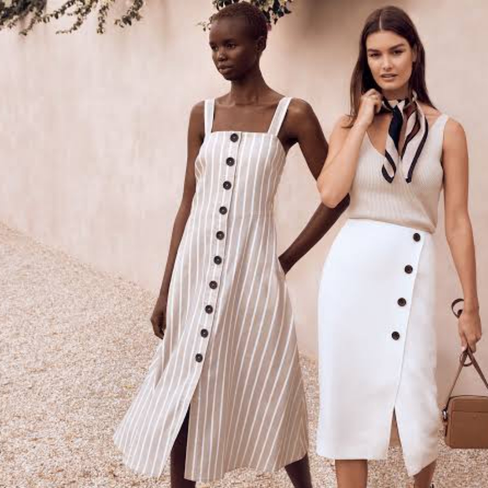WITCHERY Linen blend Neutral Beige White Stripe Button Midi Dress NWT RRP$160 - Picture 1 of 16